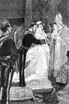 Casament d'Alfons XII i  Maria de la Mercè d'Orleans, el 23 de gener de 1878. Le Monde Illustré. La inauguració de l'enllaç de la línia ferroviària Girona-Figueres amb Portbou es va fer coincidir amb el seu casament