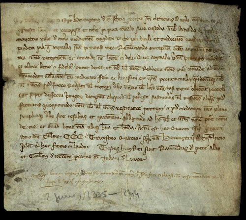 2 de gener de 1335. Reconeixement de comanda de Berenguer de Mosquer, de Sant Climent dAmer, a favor dArnau Desterrats, carnisser de la vila dAmer