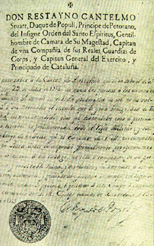 Document signat pel duc de Pòpoli el 29 de julio de 1713 en el que sol·licita la rendició de Barcelona