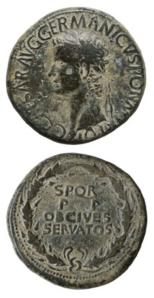 Sesterci. Anvers: cap de Calígula llorejat. Revers: inscripció en quatre línies, dins d'una corona de roure. Segle I-III dC
