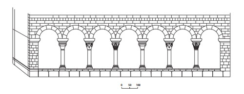 Restitució teòrica en alçat del claustre de Sant Miquel de Fluvià, a partir de les restes conservades