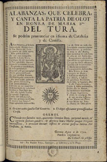 Alabanzas, que celebra, y canta la patria de Olot en honra de Maria Sma. del Tura. Se podran pronunciar en idioma de Cataluña y de Castilla. 1790