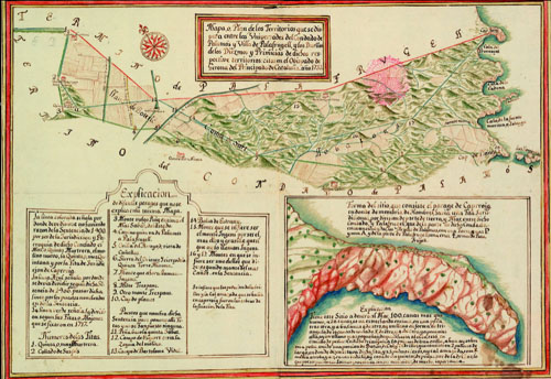 Mapa o Plan de Territorios que se disputa entre las Universades del Condado de Palamós y Villa de Palafrugell, y los Dueños de los Diezmos y Primicias de dichos respective territorios. 1733