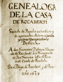 Portada del manuscrit genealògic escrit lany 1628 per Diego de Rocabertí