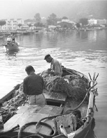 Pescadors feinejant a la costa de Roses. En primer terme, s'observa als pescadors preparant les xarxes dins la barca. 1963