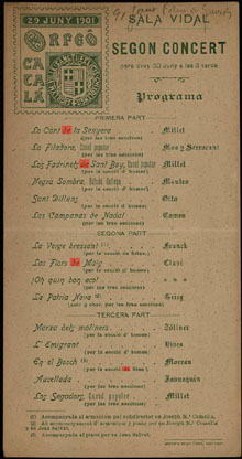 Programa del concert celebrat el 30 de juny de 1901 a la Sala Vidal de Sant Feliu de Guíxols
