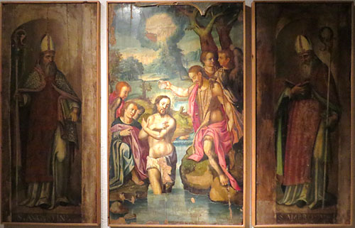 Pintures del retaule major del monestir. Sant Agustí, el baptisme de Jesús i Sant Ambròs. Probablement vinculades al taller del pintor Antoni Peitaví. Tremps sobre fusta. Segle XVI