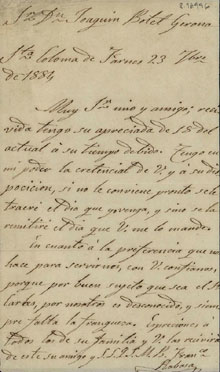 1884. 23 de juliol. Francisco Rabasa a Joaquim Botet i Sisó, des de Santa Coloma de Farners. Membret amb la inscripció: Alcaldí:a Constitucional de Santa Coloma de Farnés