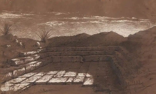 Ru&iuml;nes termes romanes de Caldes de Malavella. Dibuix d'Alfons Gelabert i Bux&oacute;, 1880