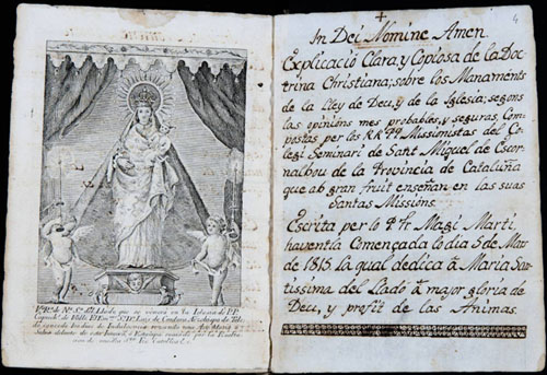 Explicació clara y copiosa de la Doctrina Christiana sobre los manaments de la lley de Déu y de la Iglesia [...] compostas per los RR. PP. Missionistas del Colegi seminari de Sant Miquel de Escornalbou, escrita per lo fr. Magí Martí, havent començada lo dia 5 de mars de 1815, la qual dedica aa Maria Santísima del Lladó