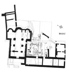 Planta general del monestir, amb la necròpoli i els vestigis de l’absis preromànic de l’església primitiva