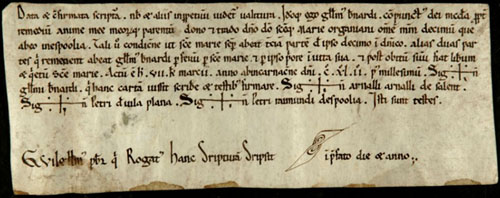 23 de febrer 1142. Guillem Bernat reconeix que ha posseït injustament el dècim que té a Espolla i en dóna a Déu i a Santa Maria d'Organyà la tercera part, sota la condició que després de la seva mort les dues parts restants tindran el mateix destí