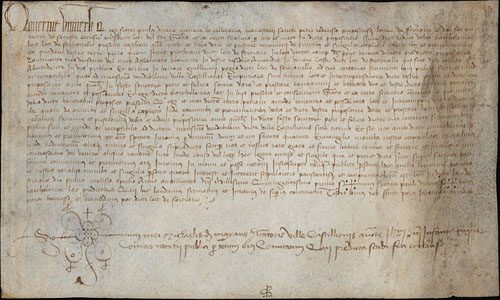 1 d'abril 1501. Fra Pau Vicens, cellerer de Sant Pere de Rodes i prepòsit de Fortià, reconeix a Bartomeu Llac, de Fortianell, la tasca per una terra situada a Fortià, indret de Camp es Pont