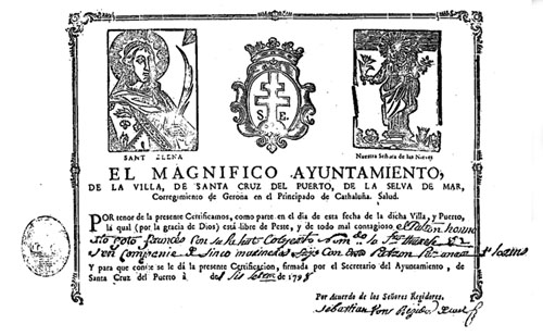 Certificat de sanitat emès per l'ajuntament de Port de la Selva. 1798