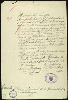 Felicitació al President Francesc Macià per l'aprovació de l'Estatut de Catalunya a les Corts de Madrid. 13 de setembre de 1932