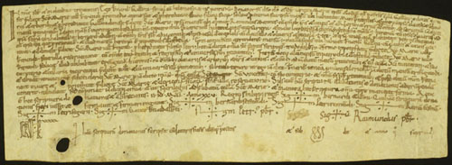 14 de maig 1085. Lliurament que fan Bernat Guillem i els marmessors del seu pare, Guillem Odó, a Santa Maria de Vilabertran d'un mas llegat per aquest en bé d'ànima, situat al comtat de Besalú, a la parròquia de Santa Maria de Vilanant (Ville Habundantis), a la Riera
