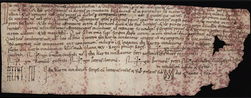 29 d'abril 1085. Venda que fan Guifred Miró i els seus fills, Ramon Guifred i Guillem Guifred, a l'església de Santa Maria de Vilabertran d'un alou situat al comtat de Besalú, a la parròquia de Santa Maria de Vilanant, indret d'Estany, que afronta a sol ixent amb ipso Aqual, per l'equivalent de sis sous